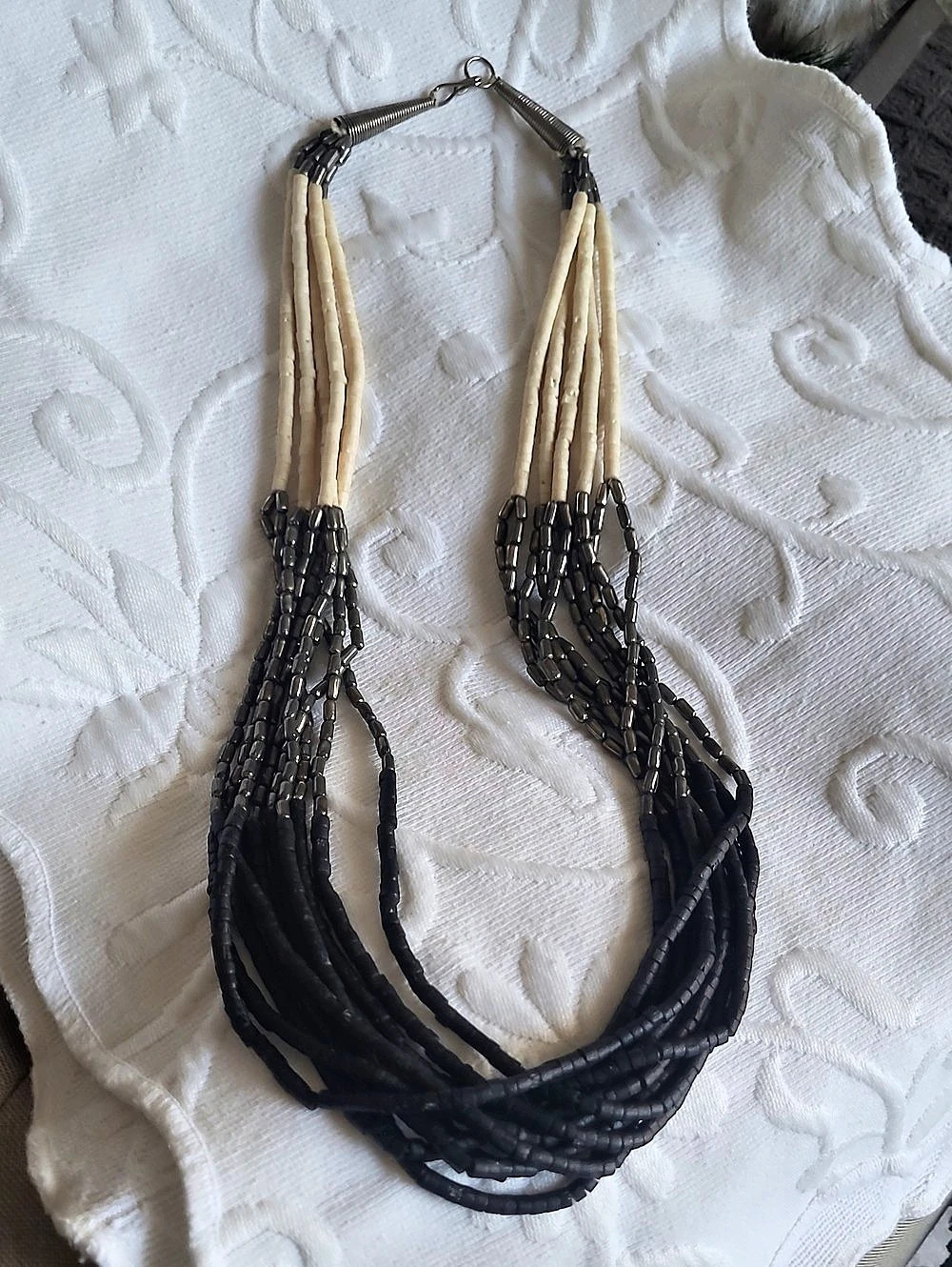 Multi-Strand Beaded Necklace in Black, Gray & Cream